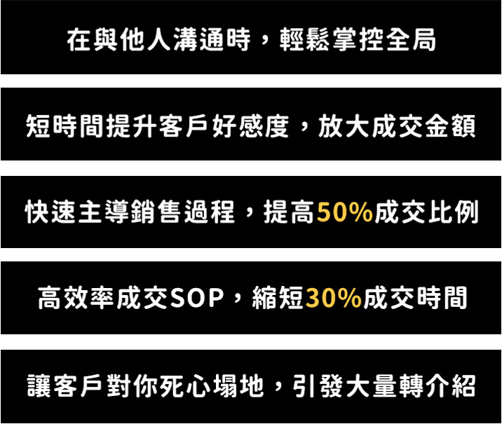 在與他人溝通時 輕鬆掌控全局 短時間提升客戶 好感度放大成交金額 快速主導銷售過程 提高50%成交比例 高效率成交SOP 縮短30%成交時間 讓客戶對你死心踏地 引發大量轉介紹
